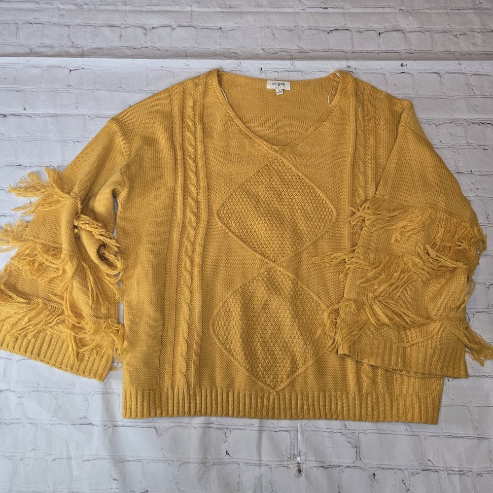 Umgee Sweater Western Fringe Cable Knit Oversized Large Boho Mustard Yellow